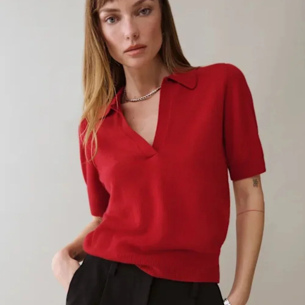 Reformation Louise Cashmere Polo Sweater Red - Size M - Picture 1 of 6